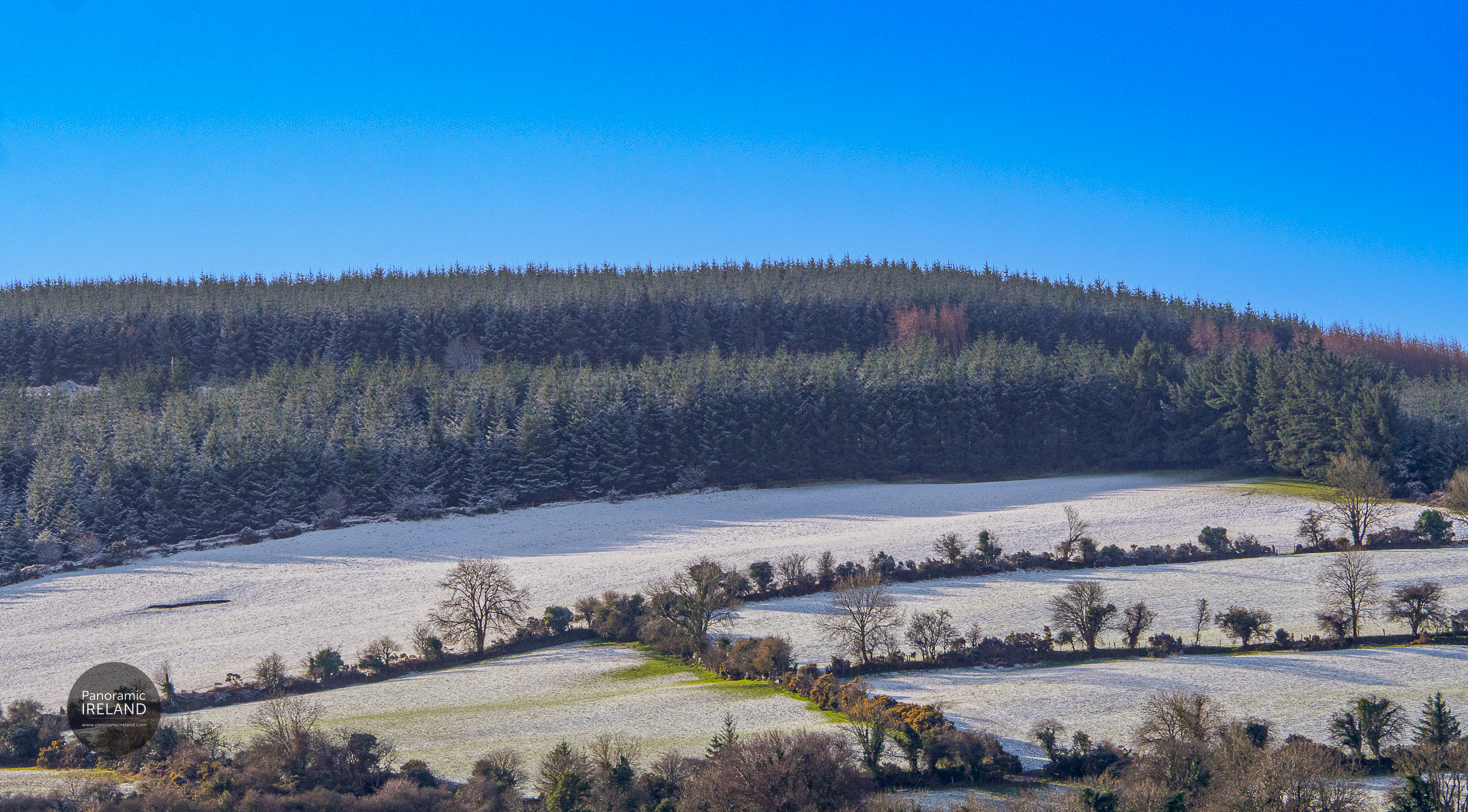 Frost covers a hillside of farm fields bounded by hedges of native Irish trees. Frost covers a hillside of farm fields bounded by hedges of native Irish trees.