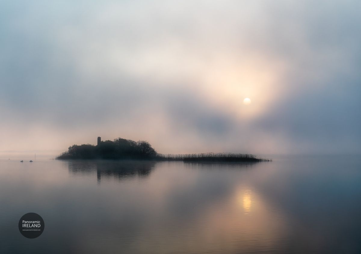 Misty Sunrise Over the Lake and Island, Ireland